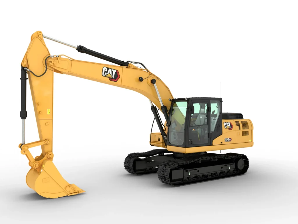 Excavadora 320 GX de Caterpillar, modelo económico con bajo consumo de combustible y fácil mantenimiento.