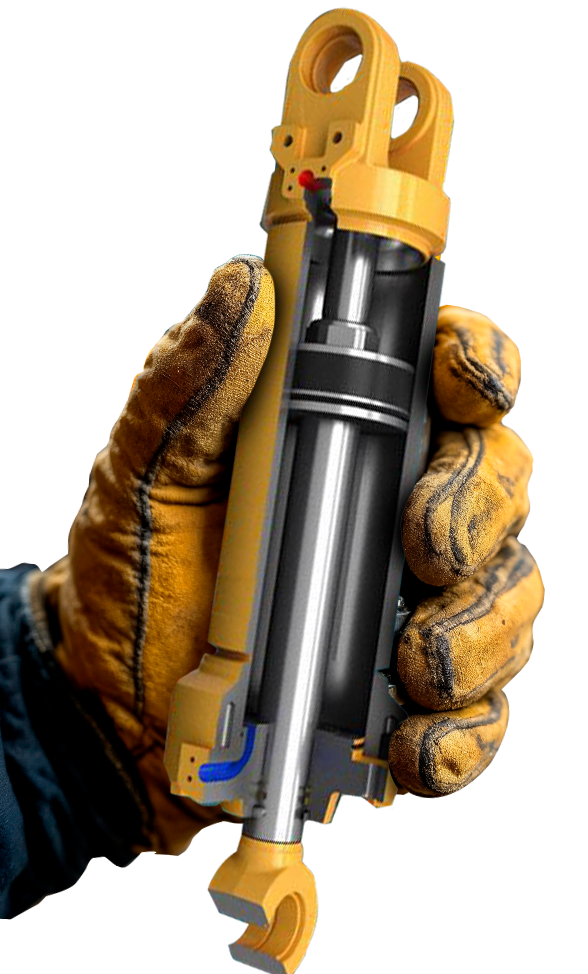 Mano con guante industrial sostiene un cilindro hidráulico CAT en corte transversal que muestra su estructura interna.