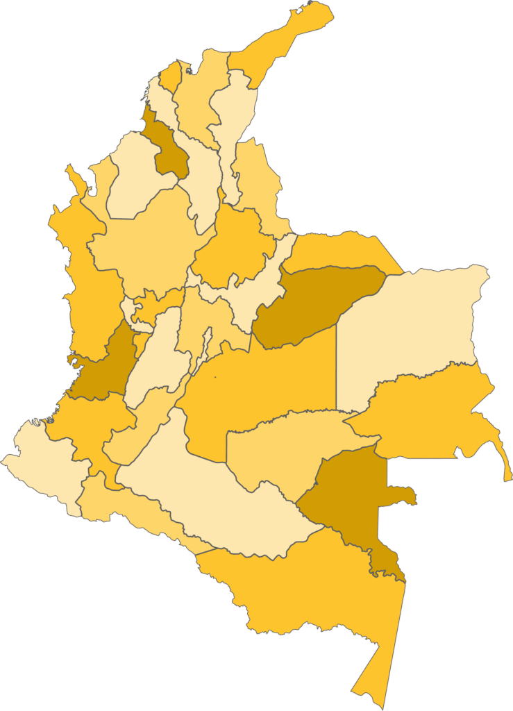 Mapa de Colombia coloreado por departamentos que representa la cobertura nacional de repuestos Cat con Gecolsa.